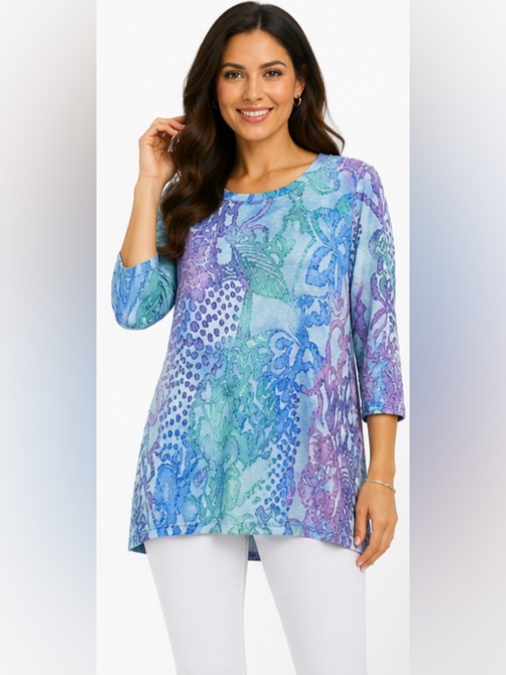 Creation NWOT Textured Floral Tunic Top Blue Purple Green Medium